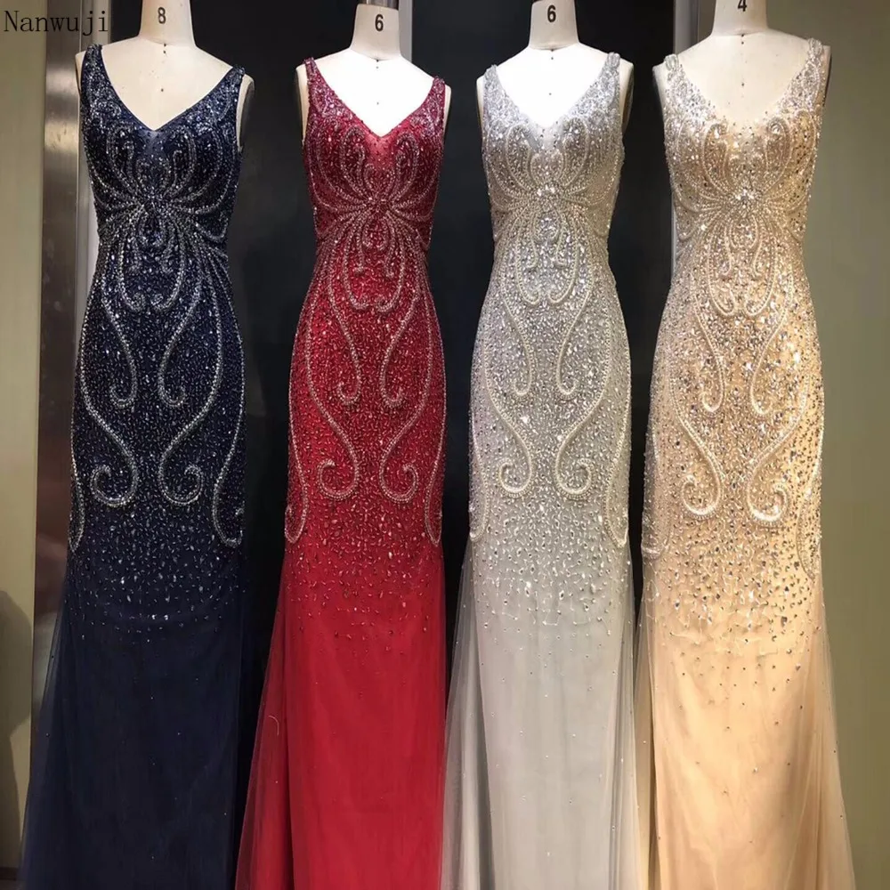 

Robe De Soiree Mermaid Evening Dresses V-Neck Appliqued With Lace Beaded See Through Vestido Longo Prom Dresses Evening Gown