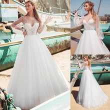 Великолепная Тюль Bateau декольте A-Line Свадебные платья с Искусственный жемчуг Длинные рукава Свадебные платья с жемчугом