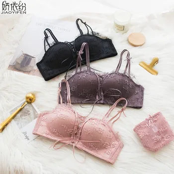 

New Fashion Women Underwear Set Sexy Lace Embroidery Comfortable Seamless Bra Pink Young Girl Lingerie Deep V Push Up Bra Sets