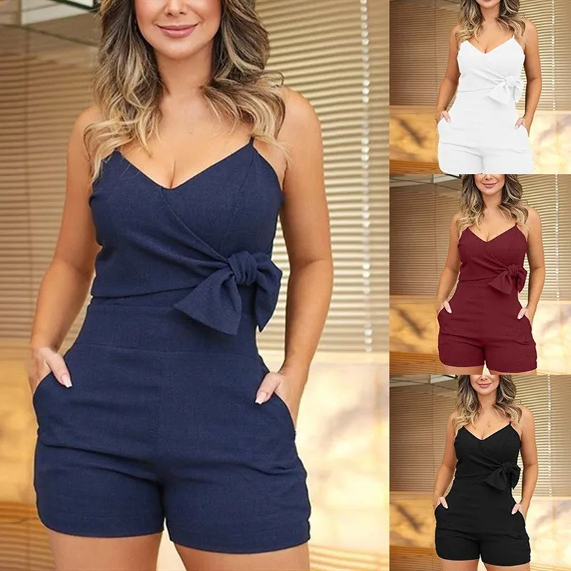 

2019 Summer Spaghetti Strap Party Romper Sexy V-Neck Sleeveless Short Jumpsuits Women Bowknot Design Solid Playsuits