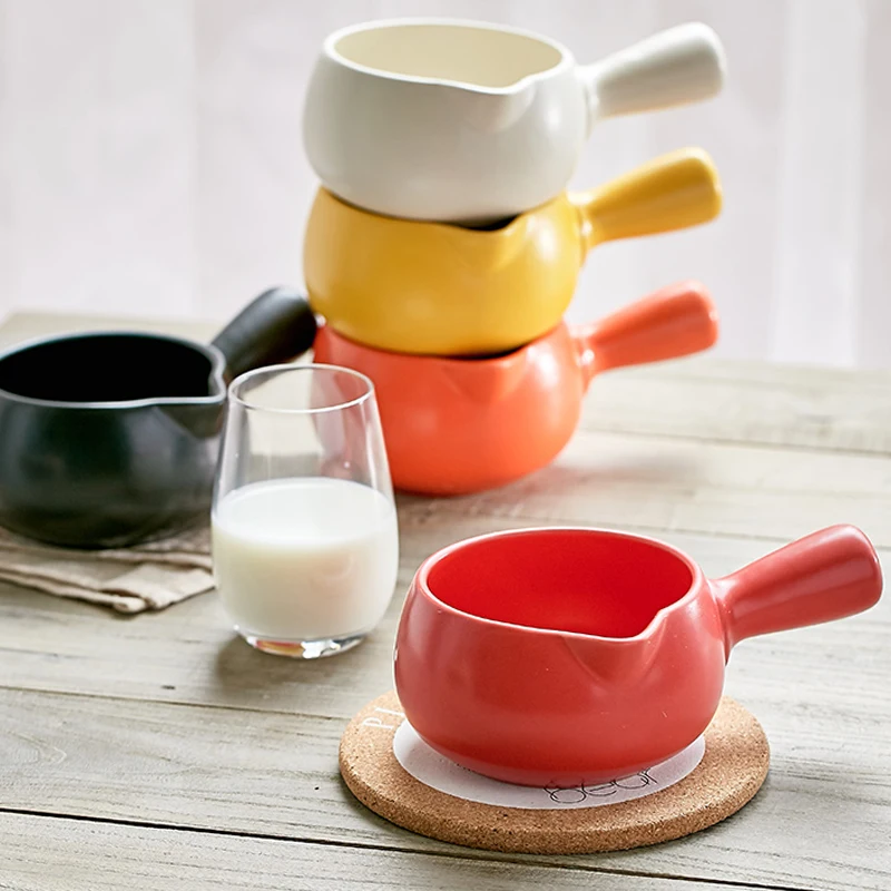 

700ML Japanese Ceramic Milk Pot Mini Casserole Stockpot Baby Food Supplement Cookware Single Handle Porridge Soup Pot 9 Colors