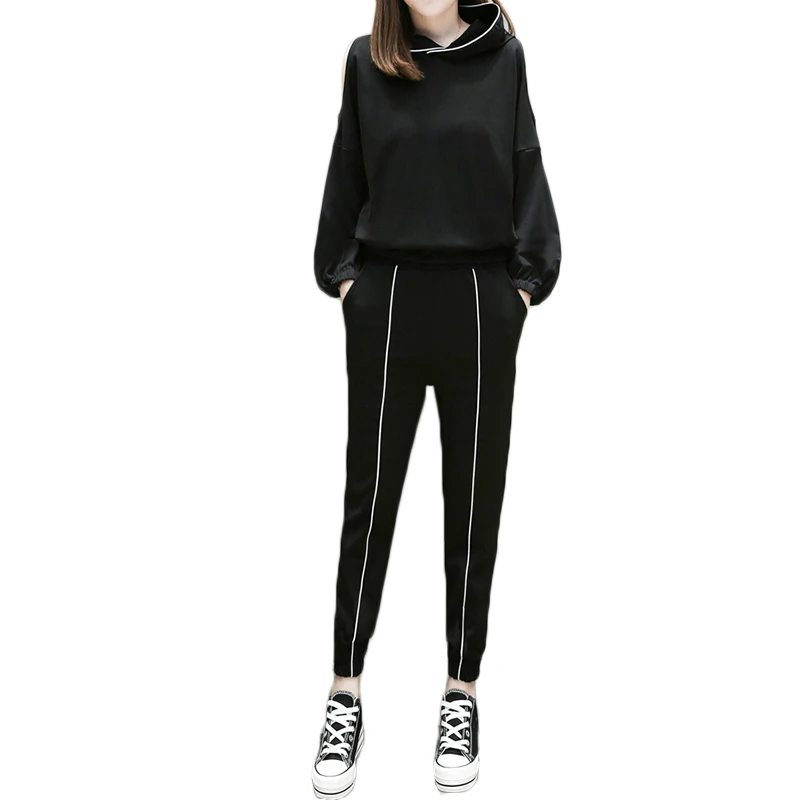 

2018 Spring woman 2 pieces tracksuit sets womens hooded tops+long pants sporting suits female large size loose sportswear sets