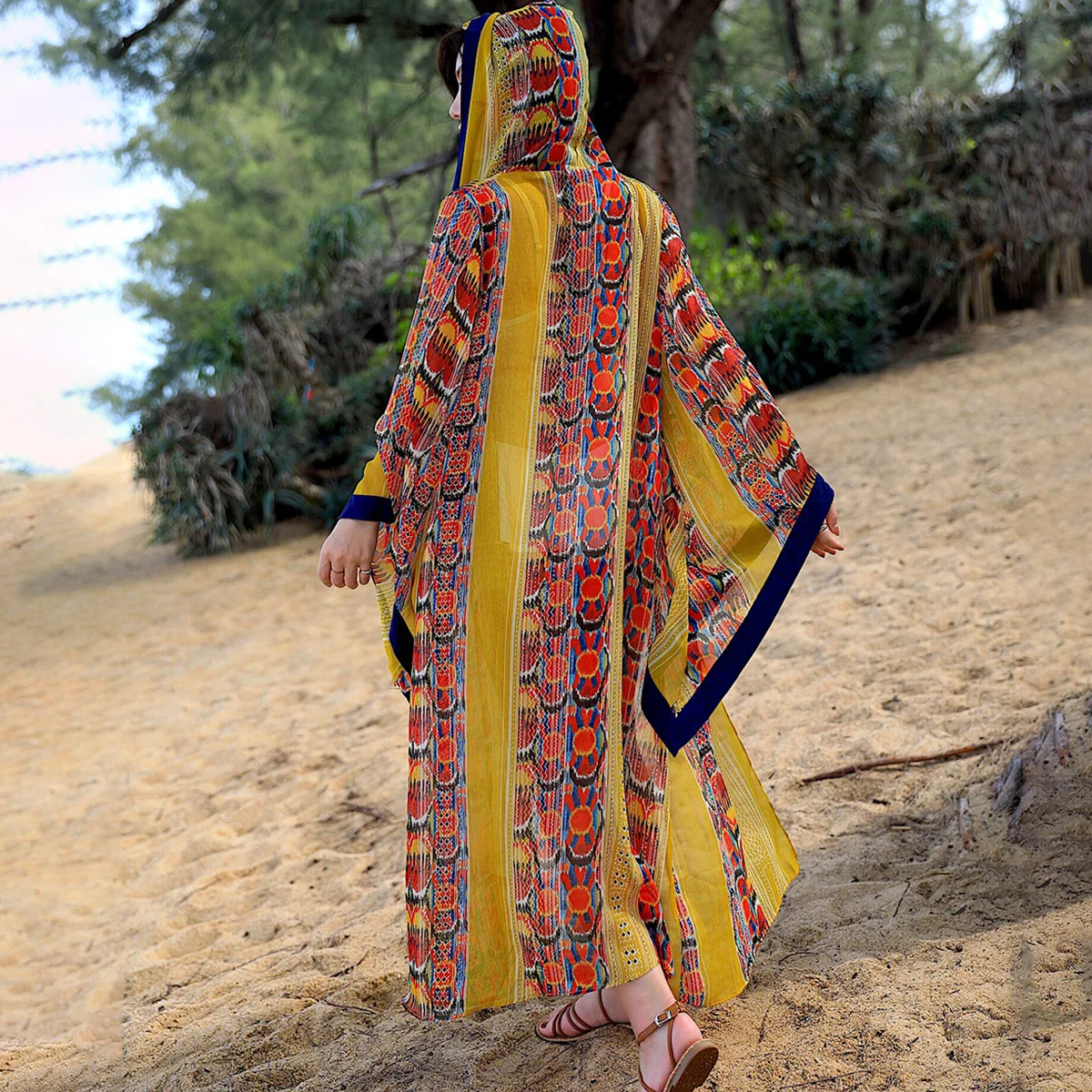 

Jastie National style Print Beach Cover Up Top hooded Sun Protection Clothing 2019 Women Jacket Cardigan Boho Cloak Long Outwear