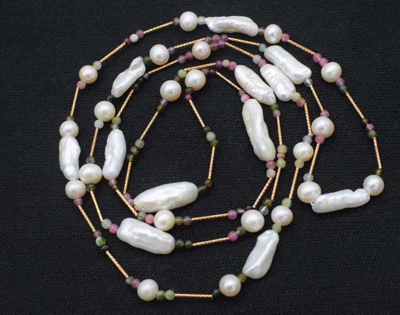 

freshwater pearl near round biwa touramaline necklace 44inch FPPJ wholesale beads nature unique clasp