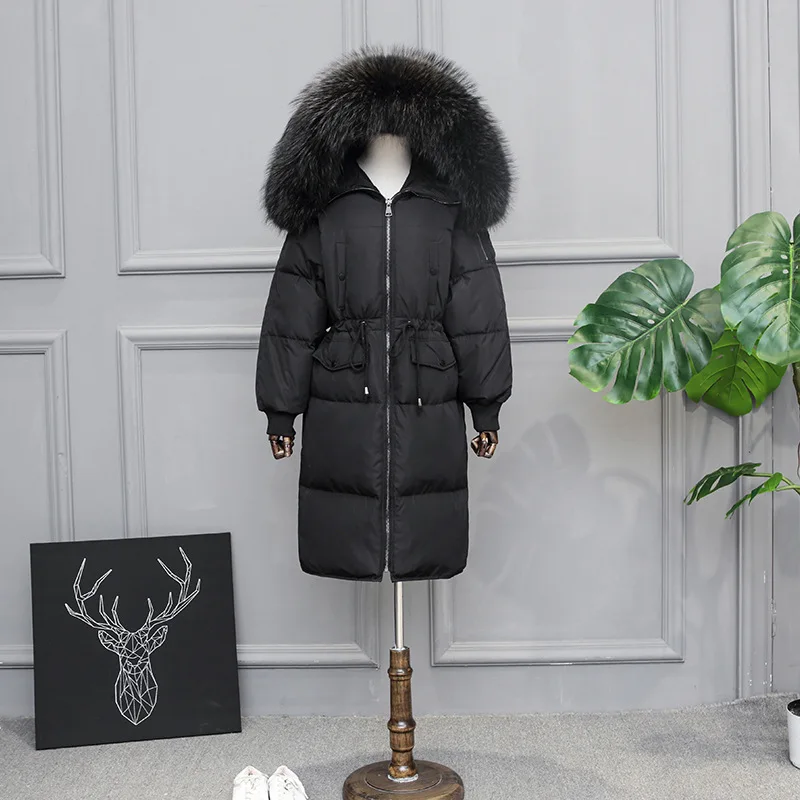 Воротник из меха енота, свободная куртка из гусиных перьев, Женское зимнее пуховое пальто размера плюс, длинная парка, женская теплая верхняя одежда Okq035 - Цвет: black qingzhen fur