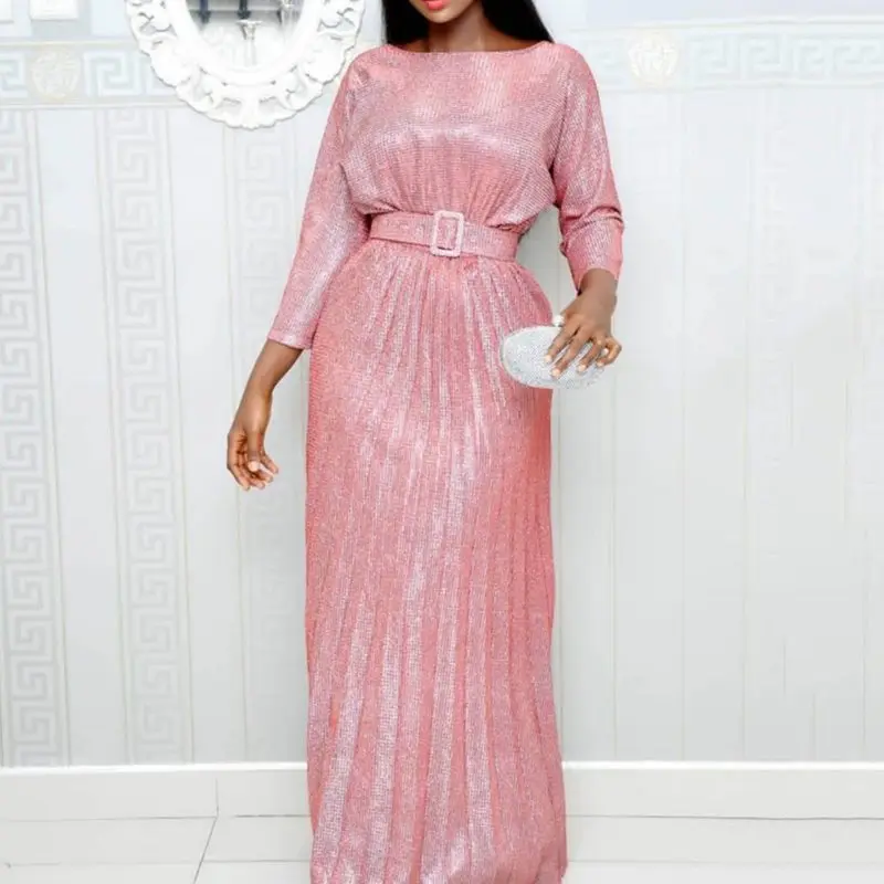 

Fashion Reflective Party Dress women Elegant Evening Pleated Shiny Robe Vintage Belt High Waist Ladies Pink Long Dresses Autumn