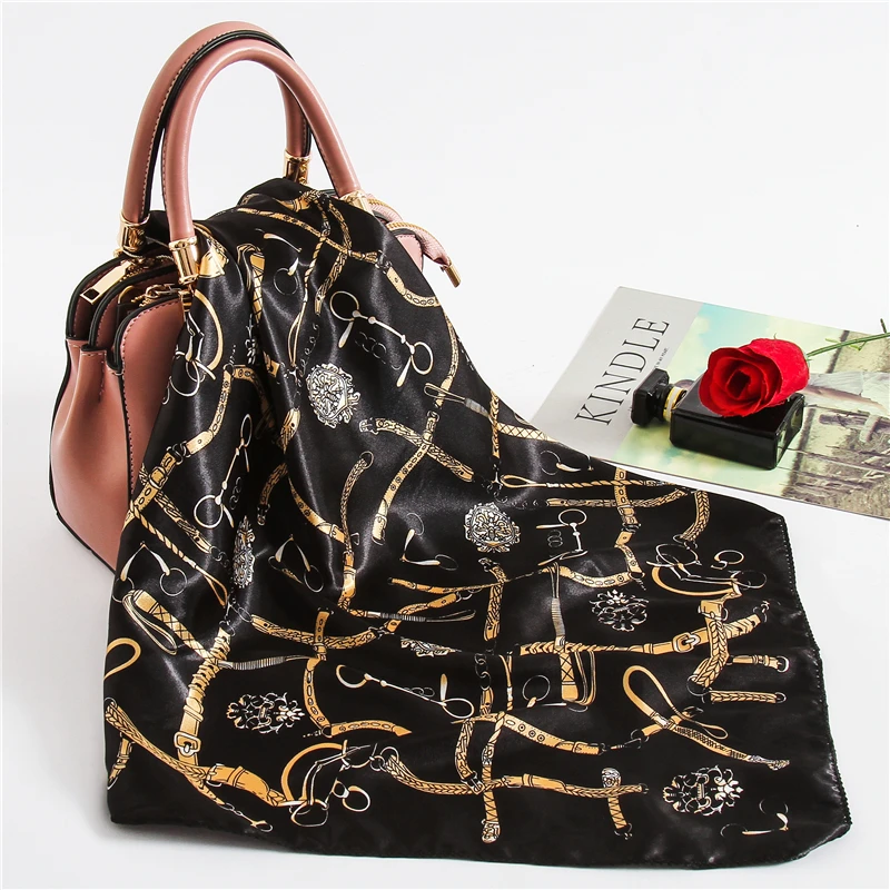 

Small Square Silk Women Scarf Satin Designer Print Neck Scarfs Lady Hair Band Bandana Foulard Hand Kerchief 2019 New