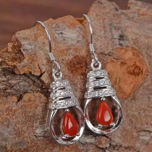 

natural red coral drop earrings 925 silver Natural gemstone drop earring for women romantic round drop Earrings jewelry