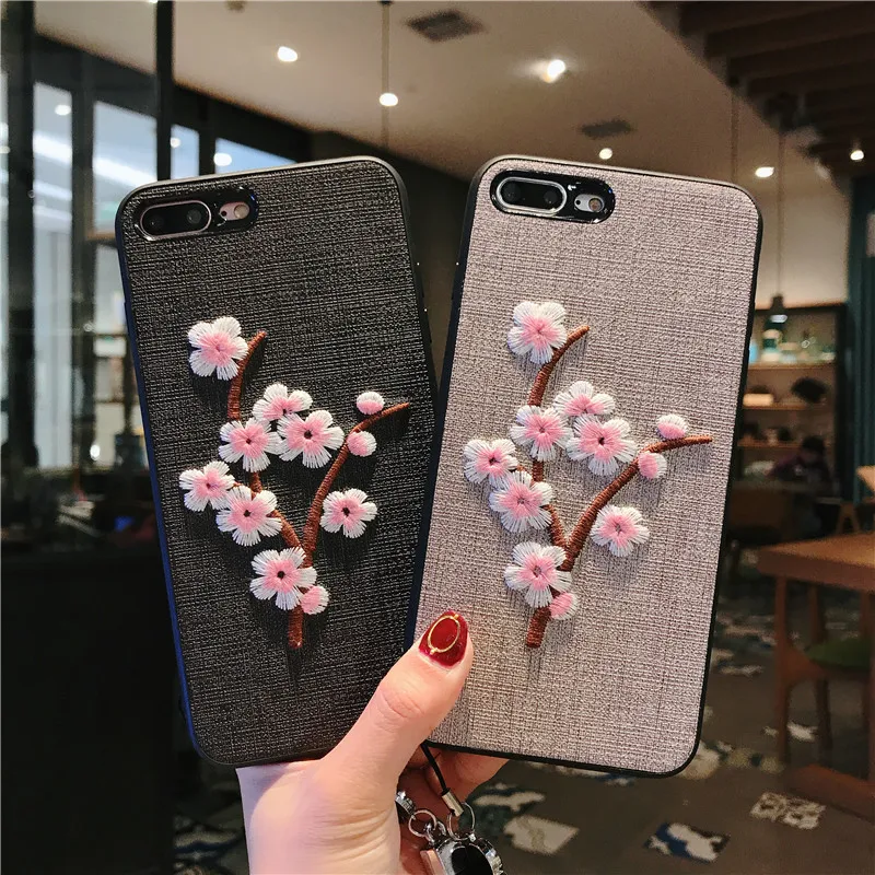 Чехол для телефона с вышивкой Apple iPhone 7 8 Plus 6 6s чехлы милым цветком персика вышитым