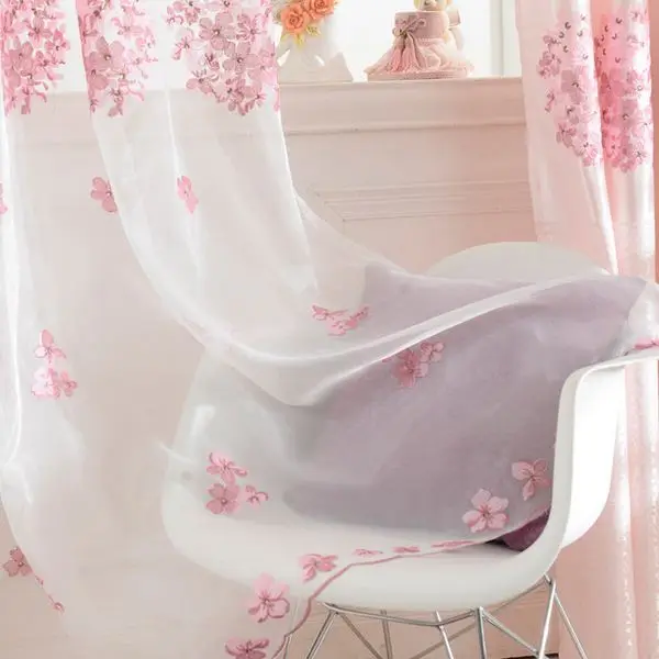

Embroidery Flower Sheer Tulle Prink Sweet Curtains For Living Room Window Screening Eyelets Sheer Voile Curtain Cortinas Rideaux