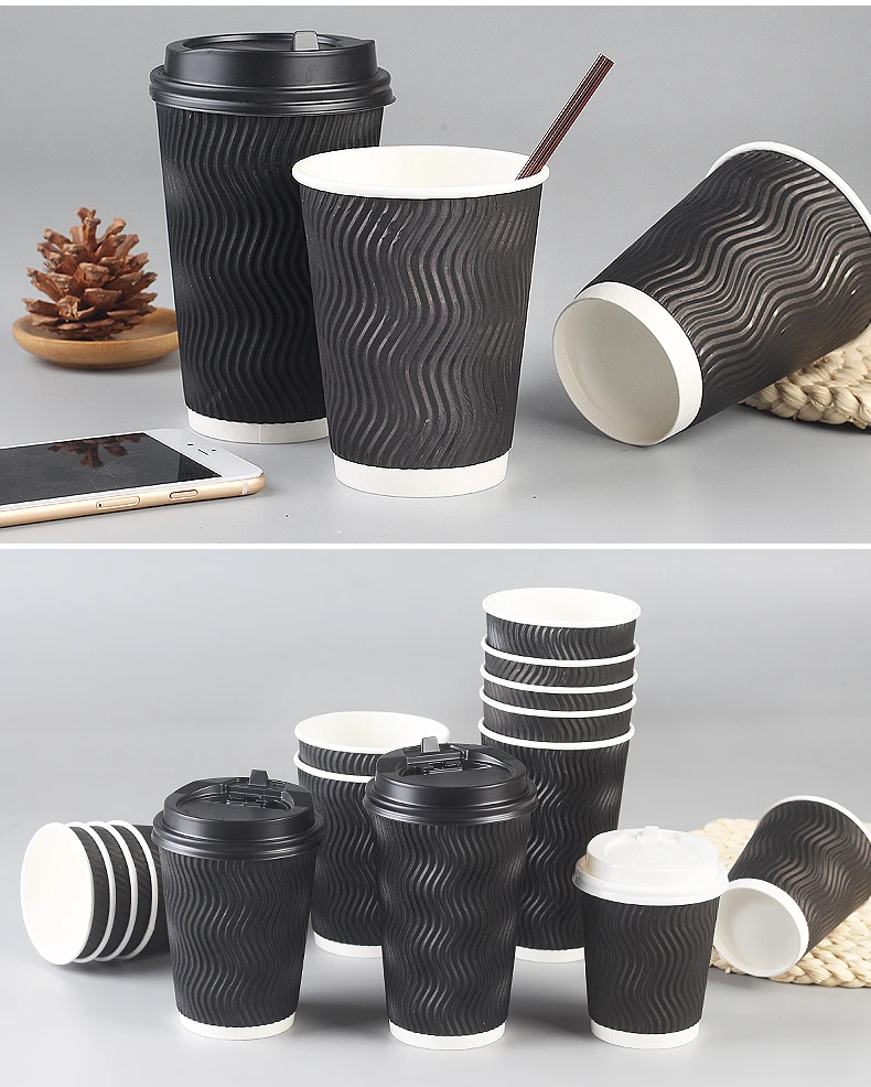 500x8 oz черные гофрированные бумажные стаканчики, трехслойные антиглажные бумажные стаканчики, утолщенные одноразовые бумажные стаканчики для кофе, чашки для горячих напитков