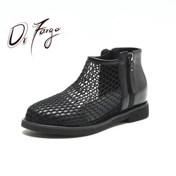 

DRFARGO Women Summer Boots Genuine Leather Head Heel Mesh Surface Breathable Fasion Black Ankle Boots Spring side zipper 40
