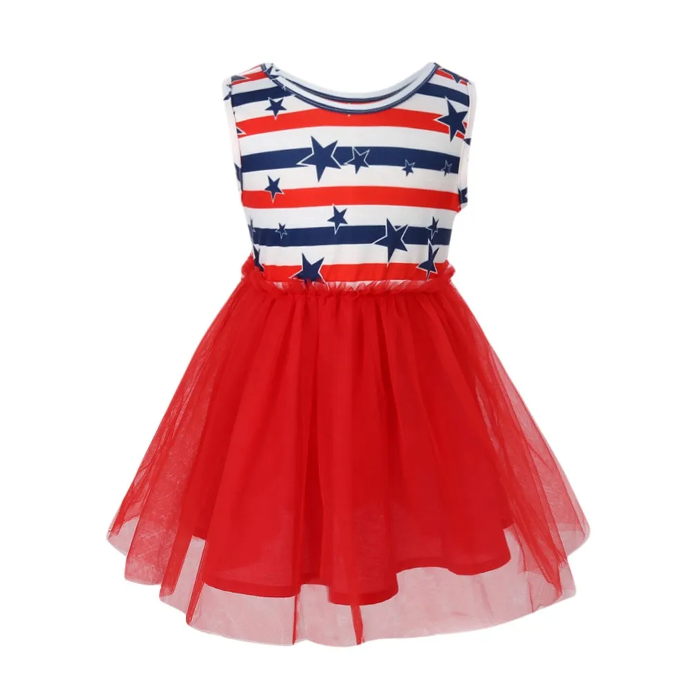 

TELOTUNY Girls Dresses Cotton 4th Of July Star Striped Print Net Yarn Princess Dress Independence Day Flag Summer Dress 19L0417