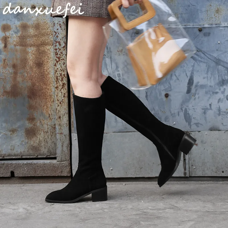 

Women's Genuine suede Leather Med Heel Winter Knee High Boots Comfortable Knight Boots Autumn Long Boots Shoes for Women on Sale