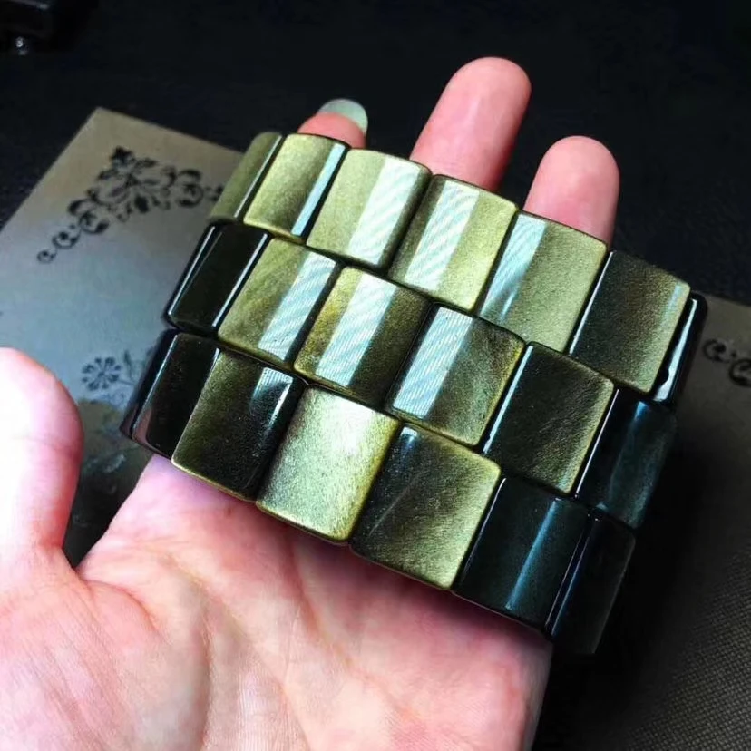 

Top Quality Natural Gold Obsidian Rectangle Beads Woman Man Flash Stone Bracelets Bangle 20x14x8mm AAAAA Drop Shipping