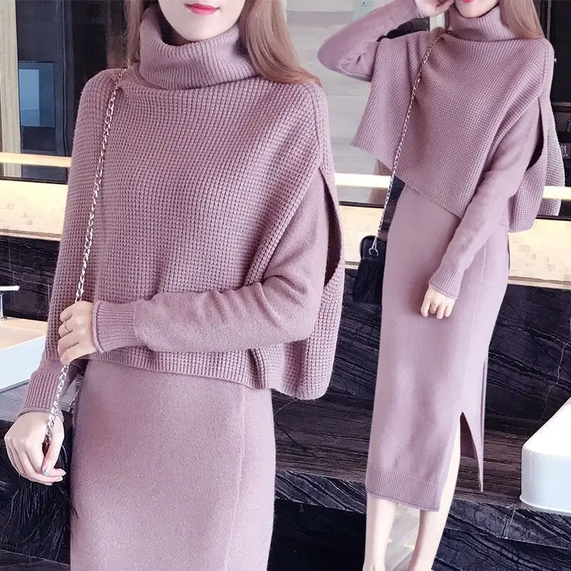 Tanie 2019 zima dwa kawałki kobiet sweter elegancki golf peleryna długi rękaw dzwonek kaszmiru stałe z rozcięciem obcisły fason sukienka z dzianiny