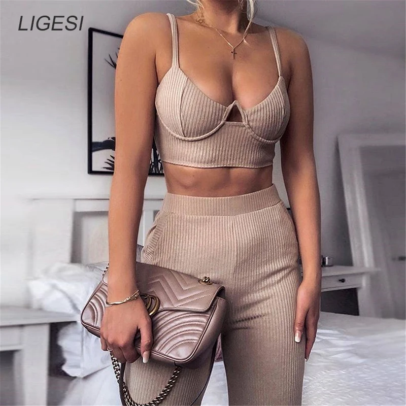 

Strap Fitness Two Piece Set Backless Crop Top and Wide Leg Pants Women Knitted Tracksuit Female Outfit Summer Matching Set