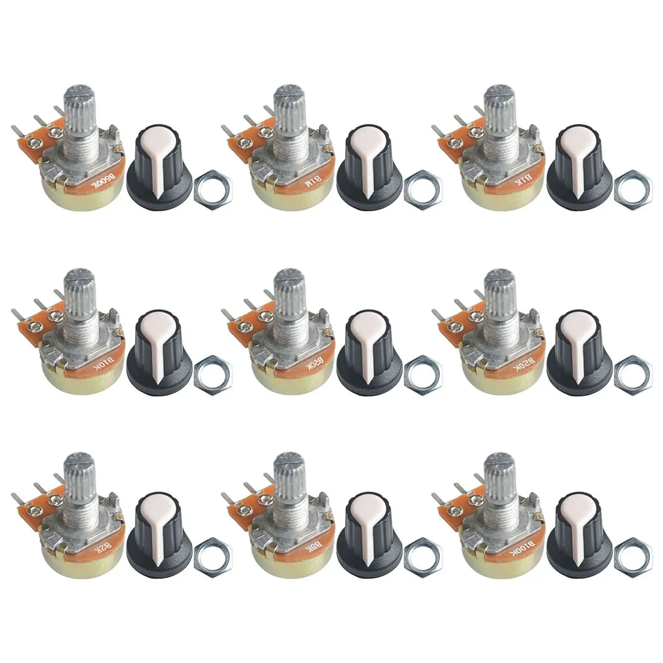 

9 PCS(1pc*9 Value) Linear Potentiometer 15mm Shaft With Nuts And Potentiometer Button Cap for 1K 2K 5K 10K 20K 50K 100K 500K 1M