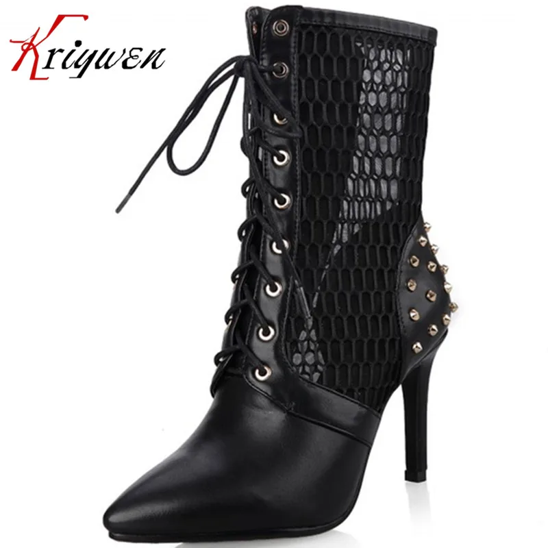 

Three colors 2015 spring high heels PU soft leather pumps cut outs sexy club dance shoes woman pointed toe rivets ankle boots