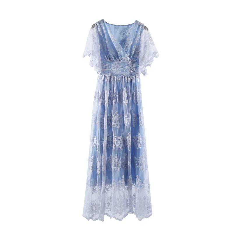 Free shipping summer light blue/white lace v neck long vintage the ...