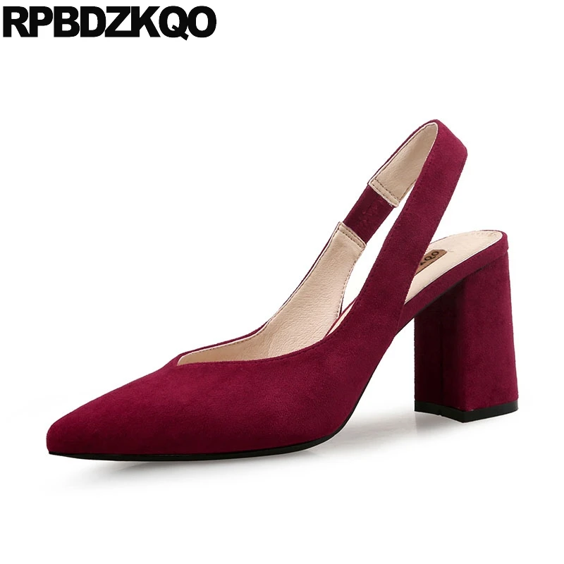 высокие каблуки Короткая Slingback мода Работа насосы Размер 4 34 Синяя женская обувь