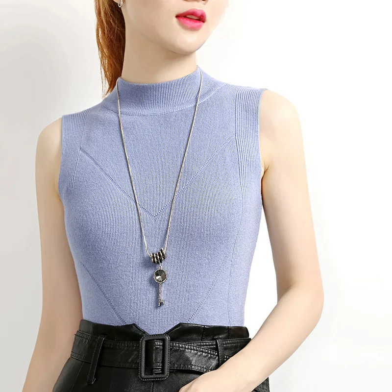 

12 Colors 2019 Summer Elegant Knitted Elasticity Tank T Shirts Women Camis Sleeveless Turtleneck Sweater Solid Color Tops