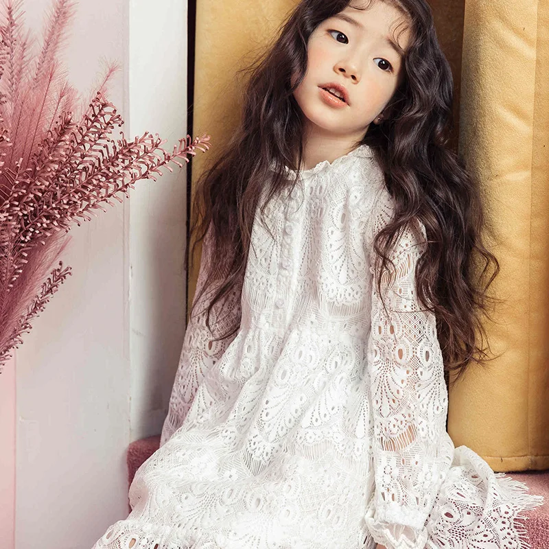 

New Girls Spring Summer Evening Dress Children Hollow Embroidered Lace Princess Baby Girl 3t-15Y Party Dress Kids Clothes CA833
