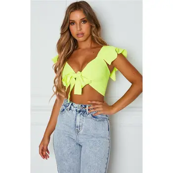 

Women Short Sleeve Crop Top Front Knot Tie Ladies Casual Plain Blouse Shirt
