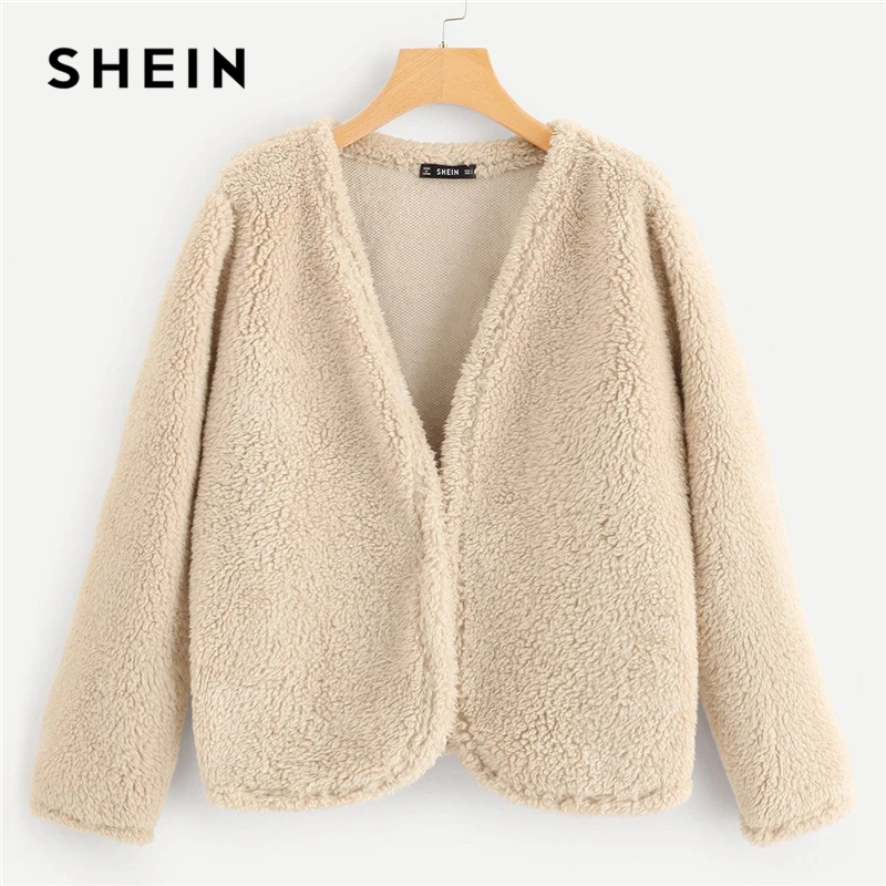 Buy SHEIN Apricot Preppy Casual Open Front Solid Teddy