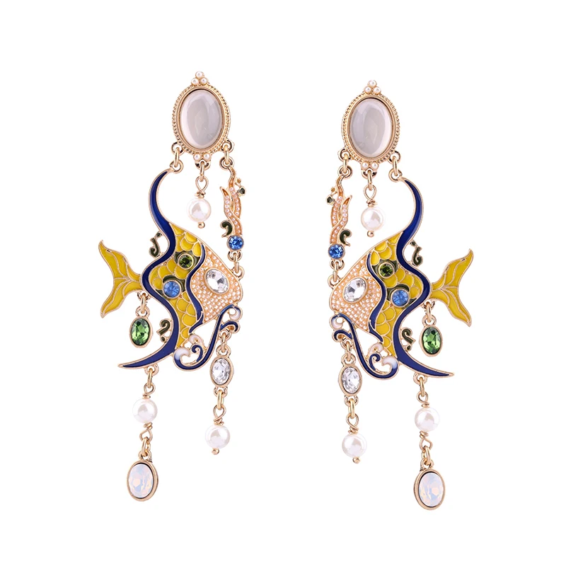 

Bulk Price Unique Colorful Enamel Tropical Fish Simulated Pearls Pending Earrings 2017 New Hanging Earrings Women Jewelry