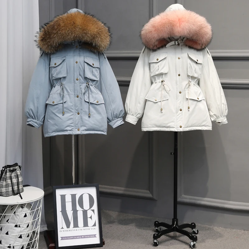 Koop Fitaylor Winter Jassen Vrouwen Witte Eendendons Grote Natuurlijke Wasbeer Bontjas Hooded Parka Vrouwelijke Sash Tie Up Sneeuw Uitloper