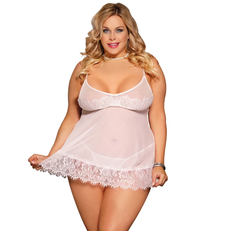 

Lace Babydolls Plus Size Nightdress Women Sexy Transparent Summer White Color Sexy Dress Erotic Lingerie Feminina RL80578