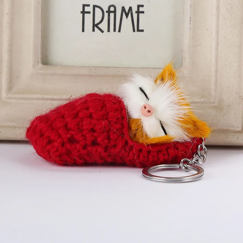 

Cute Sleeping Cat Pompom Keychains For Women Girls Fluffy Faux Rabbit Fur Kitten Key Chains Knitting Shoe Car Key Rings Llavero