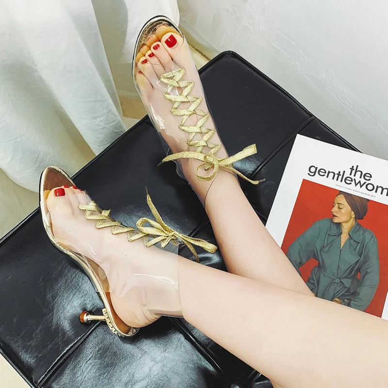 E TOY WORD 2019 New Sexy PVC Transparent High Heels Peep Toe Shoes Lace Up Fine Heel Sandals Women Sandals Boots