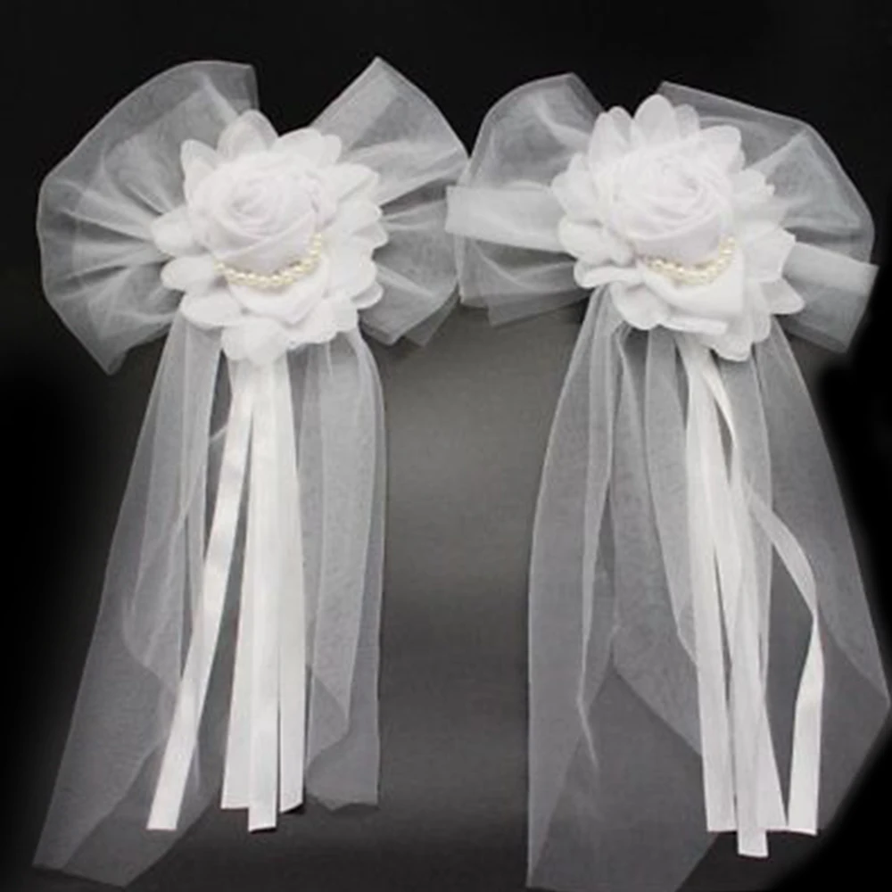 

1PC Bow Linen Lace Pearl Bud Silk Ribbon Flower for Wedding Party Decoration Bridal Car Wedding Chair