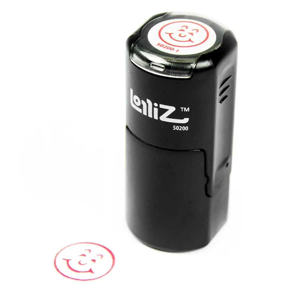 

LolliZ Stamp "SMILEY FACE" Round Self-Inking Teacher Stamp with Lid. RED Color, Laser Engraved Rubber
