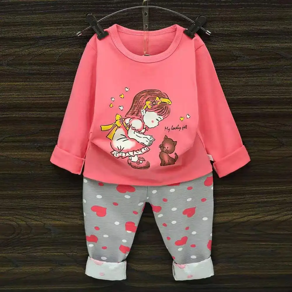 baby and kittie Детские пижамы с длинными рукавами; детская одежда для сна с героями мультфильмов; пижамные комплекты принцессы для девочек; сезон весна-осень - Цвет: baby and kittie