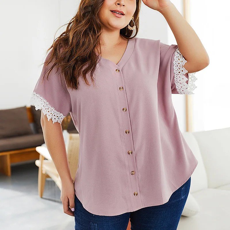 KM STYLISH Lace Hollow Out Women Blouse Pink Shirts Big Size Female Loose Tops Oversize Femme Blusas Buttons Mujer Autumn A059
