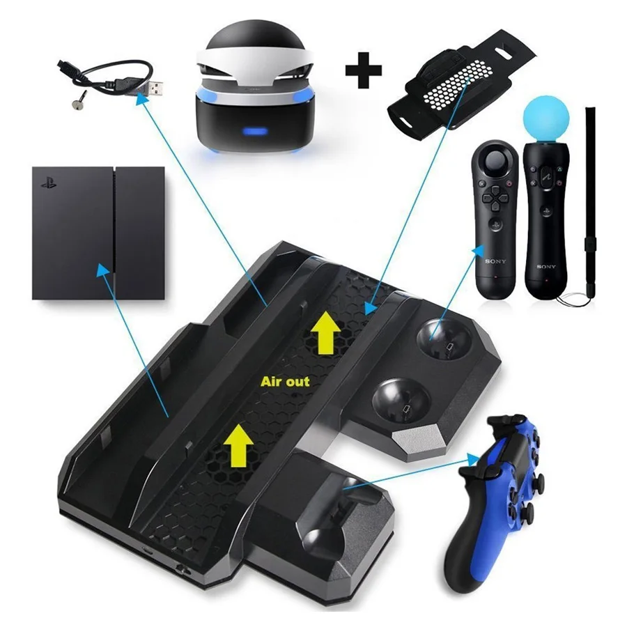 Для PS4 Pro и PS4 Slim и PS4 многофункциональная Вертикальная охлаждающая подставка, PS Move и PS4 контроллер зарядная станция и PS VR Витрина Стенд