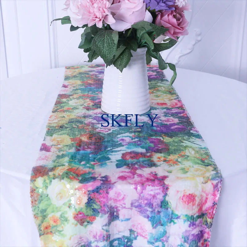 

RU050F fancy colorful 7 colors New unique design Christmas party 2019 wedding flower printed fabric with sequin table runner