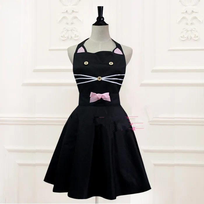 

Princess sweet lolita apron South Korea style restaurant kindgarten home sleeveless apron with black cat dress pink bow WQ00
