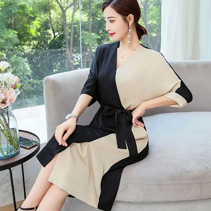 

2019 New The European Summer Dress Female Silk Casual patchwork Plus Size V-neck Dresses for Women Midi Beach Elegant Vestidos