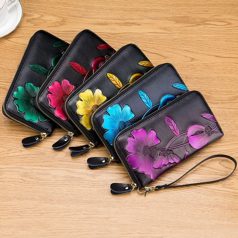 Брендовые кожаные женские кошельки на молнии, RFID, длинные женские кошельки ручной работы с цветком, женские кошельки и сумочки