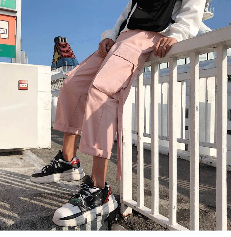 

wholesale 2019 outdoor cargo loose hip hop elastic waist ribbon big pocket trekking hiking tactical camping straight pants men