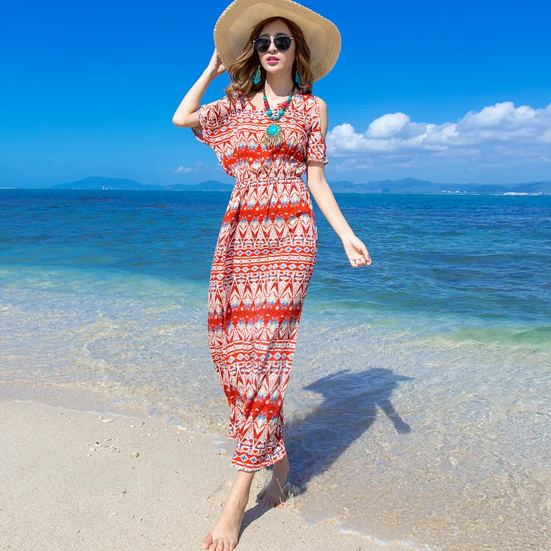  2017 New Arrival Women's Clothing Dress Summer Beach Dress Long Print Bohemian Style Off Shoulder Vestido De Festa Free Shippin