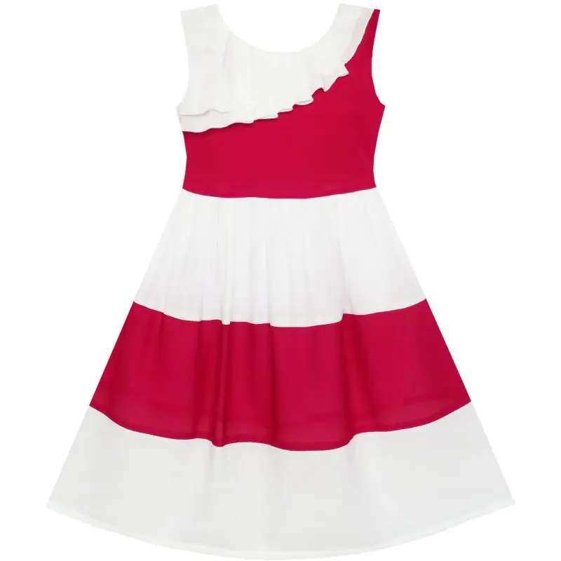 Sunny Fashion платья для девочек Плиссированный Воротник Цветной блок Шифон Sundress 2020