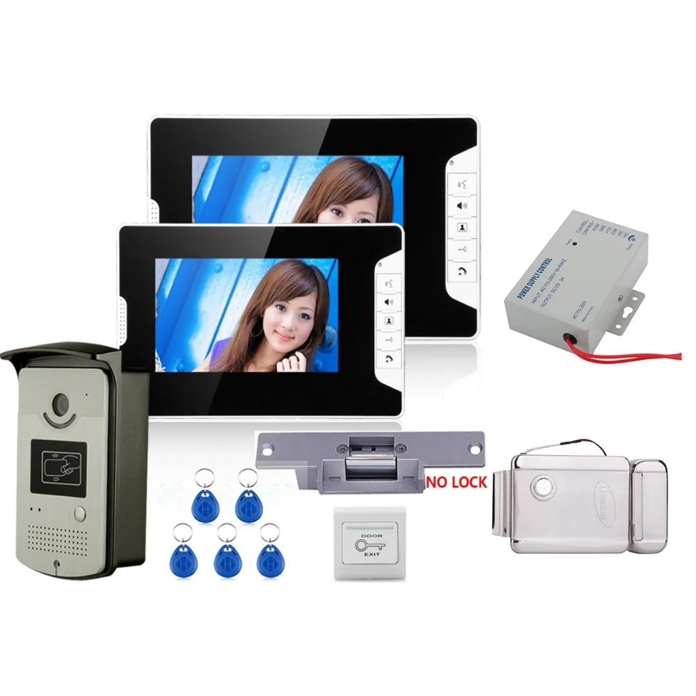

Home Security 7" Color Video Door Phone Intercom System With 2 Monitor 1 RFID HD Doorbell 1000TVL Camera+Electric Strike Lock