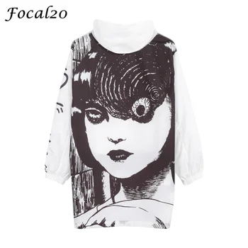 

Focal20 Streetwear Junji Itou Manga Print Oversize Women Hooded Jacket Anime Hoodie Pullover Jacket Coat Outwear Streetwear