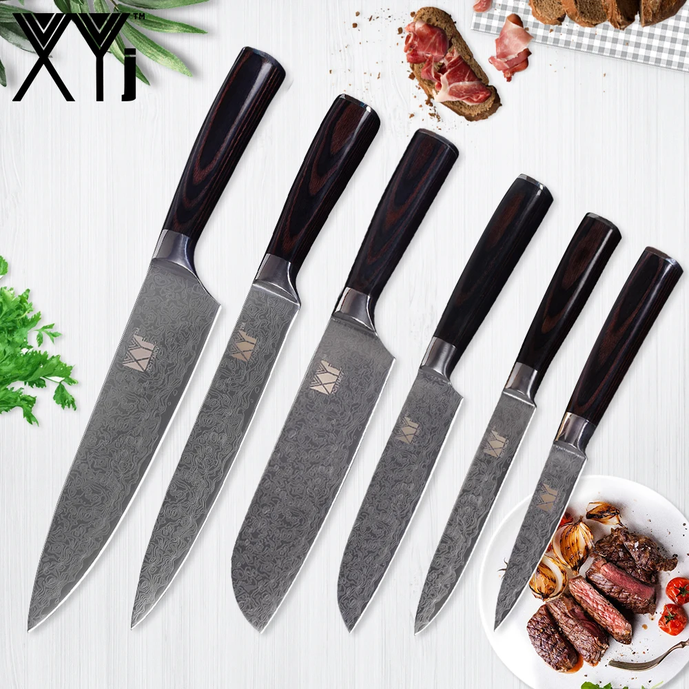 

XYj Damascus Veins Kitchen Knives Set 7Cr17 Stainless Steel Knives Well Balanced 8" 7" 5" 3.5" Cooking Chef Knife Accessories