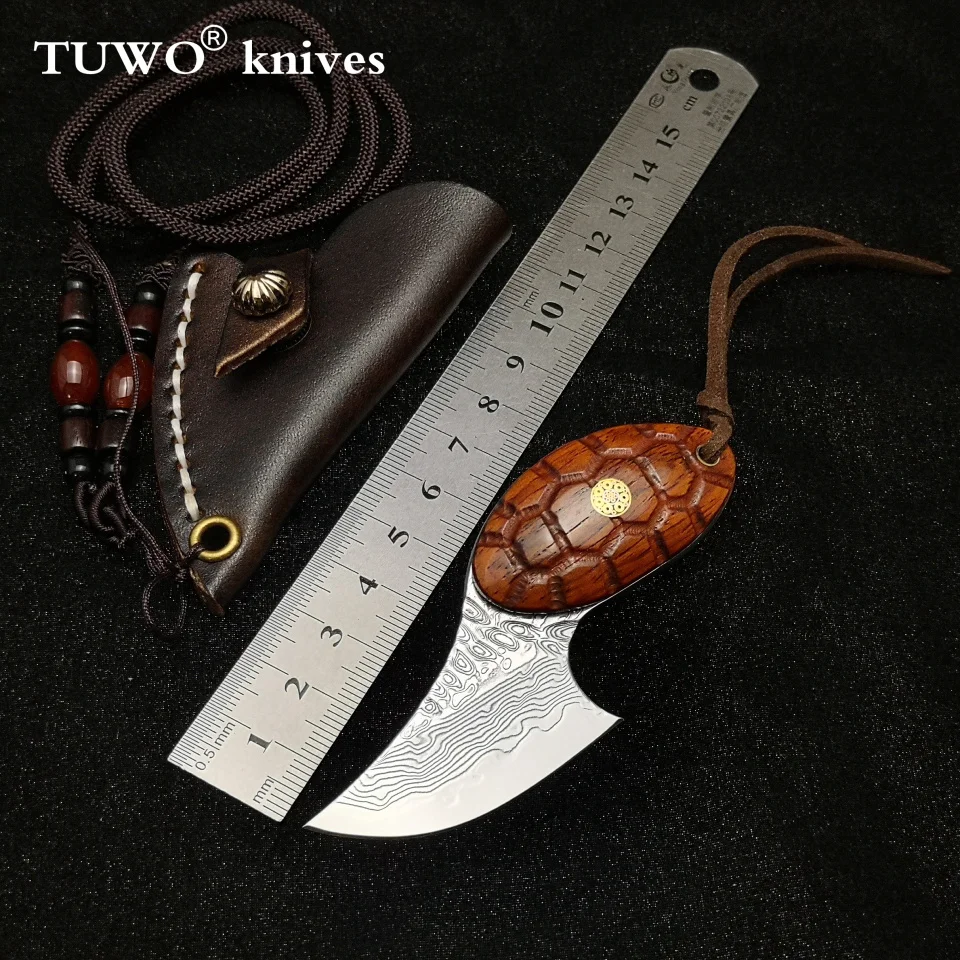 

TUWO Ninja turtle Mini boutique knife outdoor BBQ meat slicer camping multi-purpose Damascus steel knife with leather sheath han